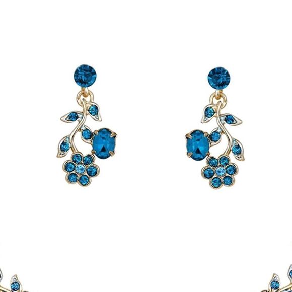 Yellow Gold & Blue Sapphire Austrian Crystal Flower Leaf Necklace & Earrings Set - Picture 2 of 6